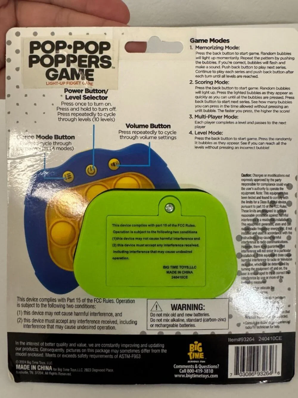 Pop-Pop Poppers Game | Blue Green Light-Up Fidget Toy 4 Game Modes | NWT